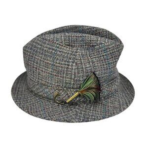 VTG Pendleton Wool Fedora Walking Hat | Herringbone Tweed, Feather & Hunting Pin